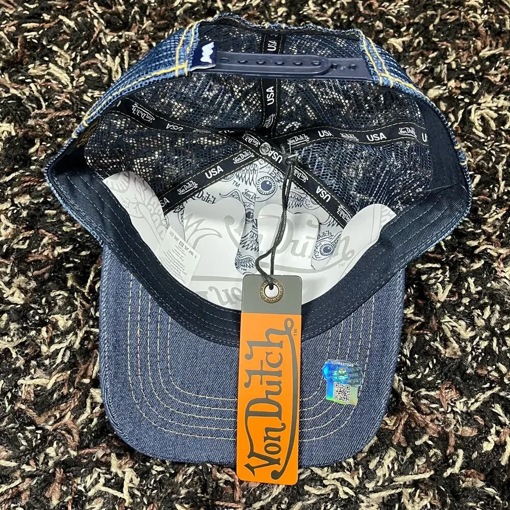 Von Dutch‎ Blue Denim Rhinestones Trucker Hat Snap Back New NWT